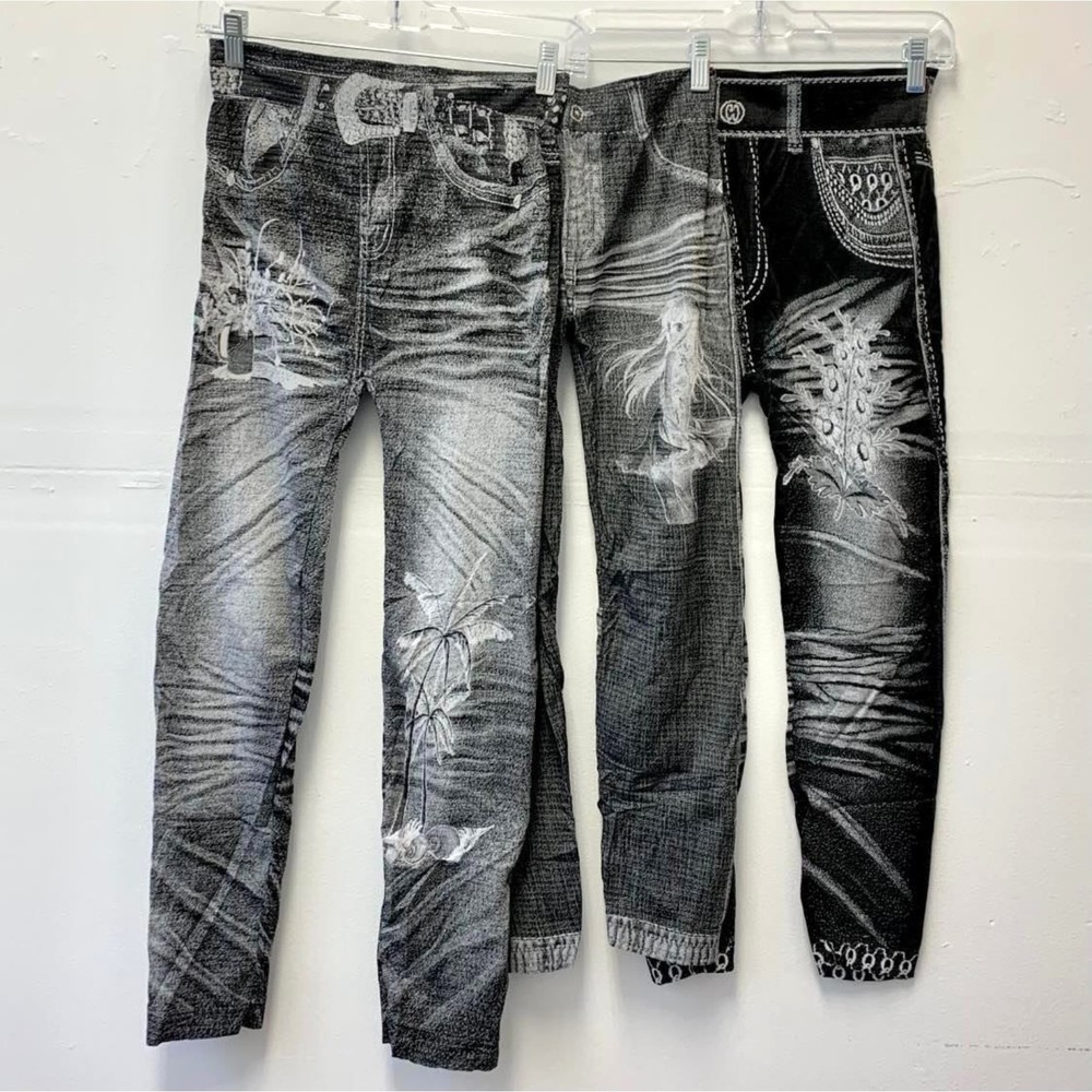 Women's Denim Print Stretch Leggings Jeggings Lightweight Black One Sz S-XL NEW